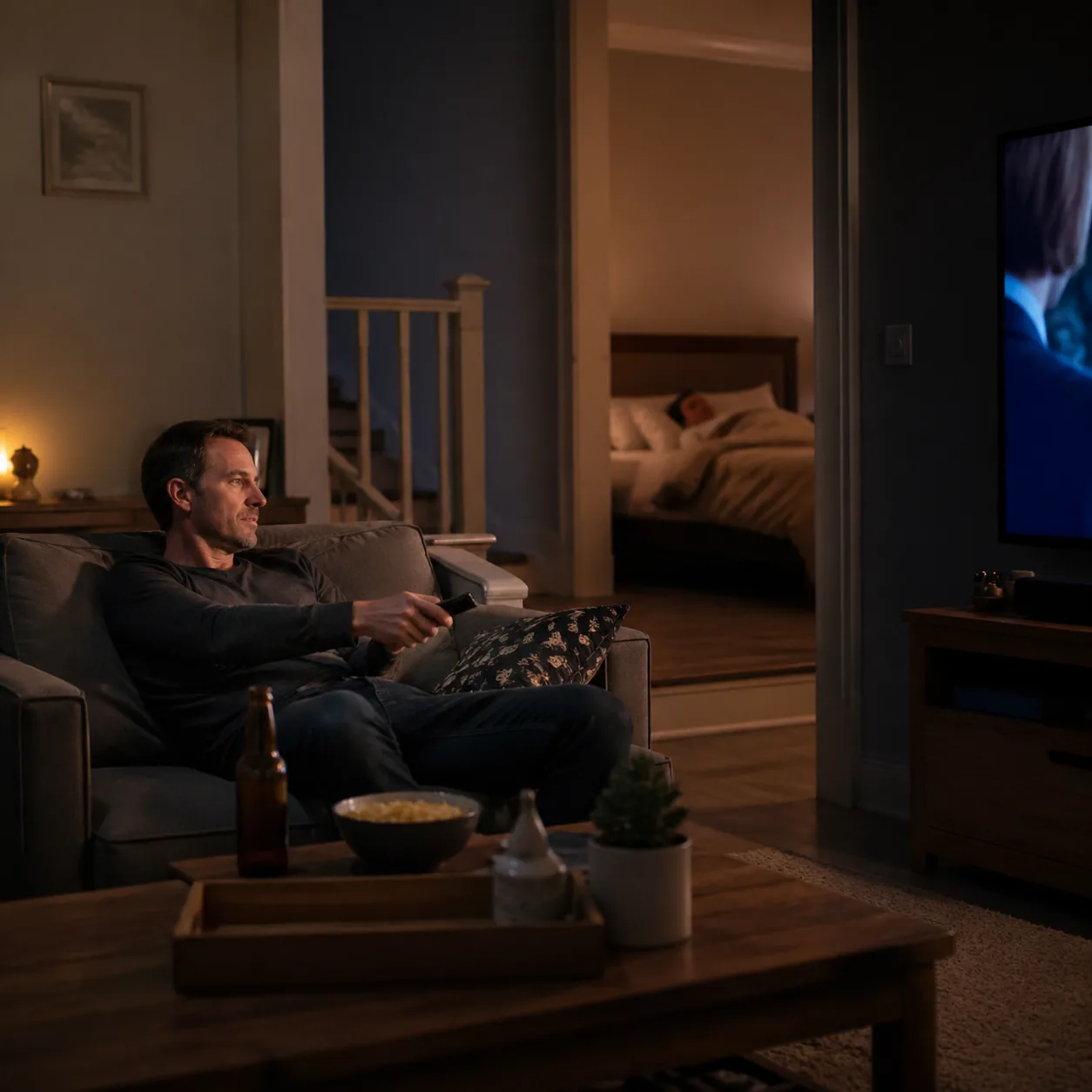 Realistic lifestyle photo of a husband watching late night TV in a dim living room while his wife is asleep upstairs