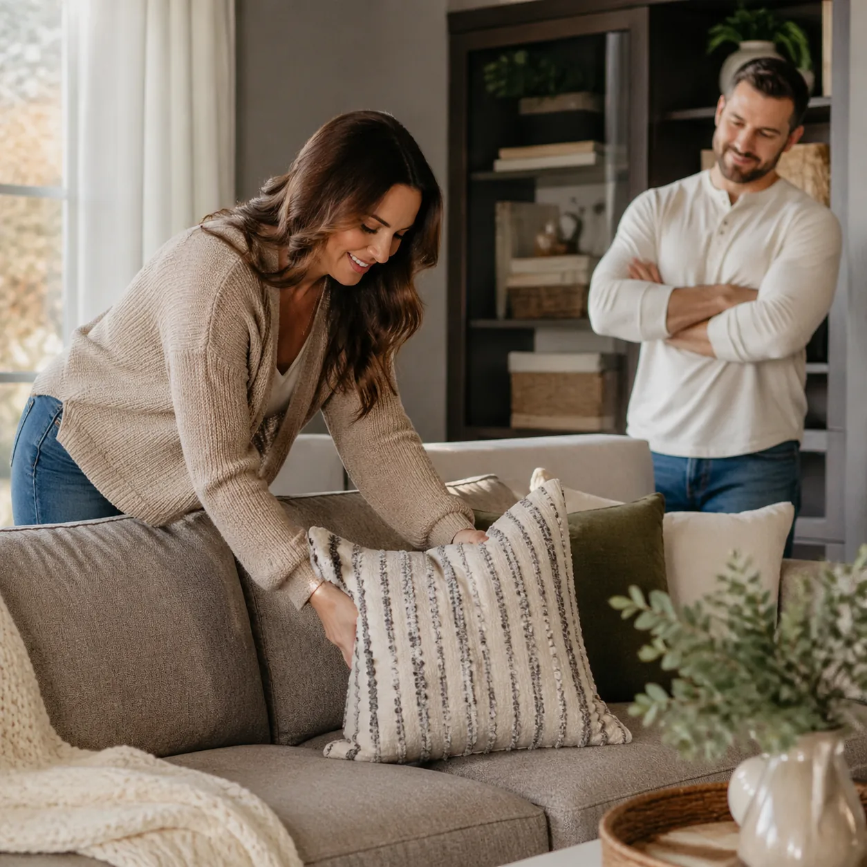 Realistic lifestyle photo of a wife placing a decorative throw pillow on a couch while her husband watches with a small 
