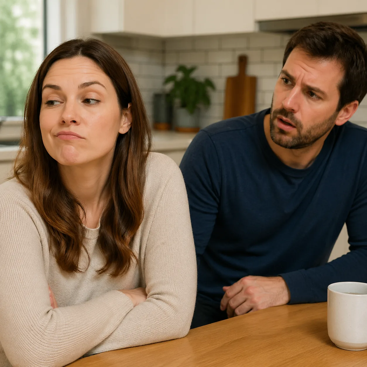 Realistic married couple in a quiet kitchen moment, wife looking away with a small expression while husband realizes som