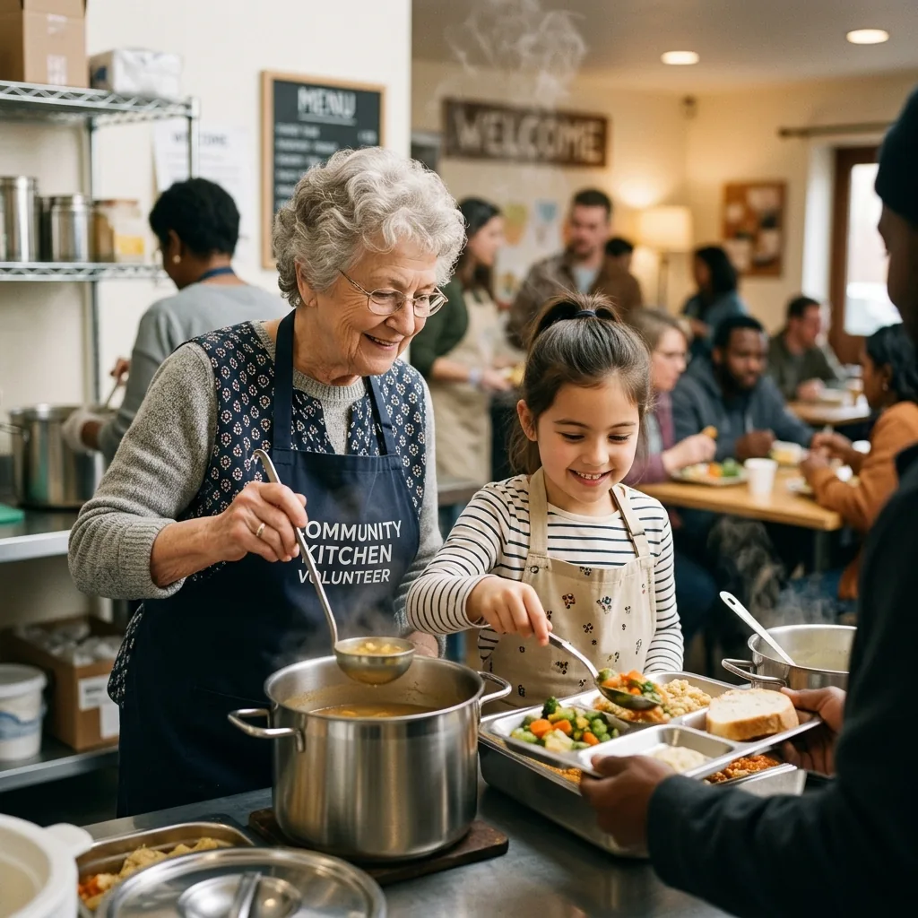 Warm editorial photo of a grandmother and granddaughter serving meals at a local community soup kitchen, both wearing ap