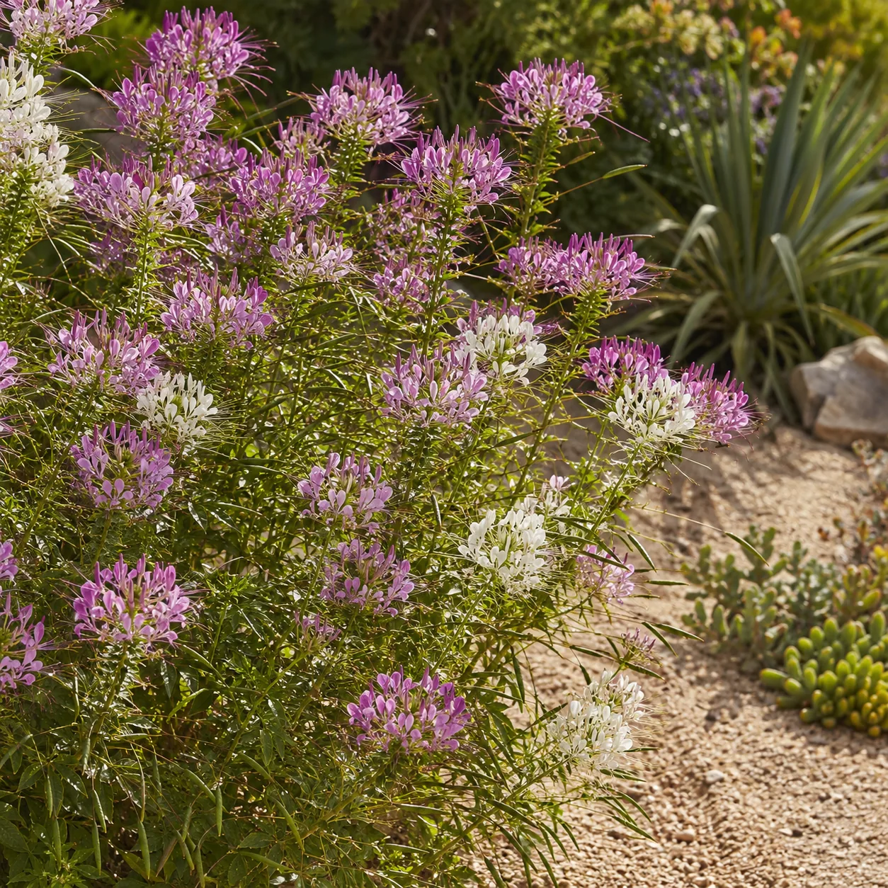 Realistic editorial photo of Cleome growing in sunny drought tolerant flower bed in summer heat, realistic editorial pho