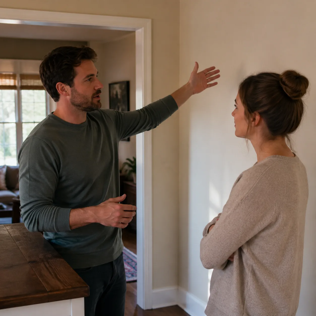 Realistic lifestyle photo of a husband gesturing toward a wall while his wife listens patiently