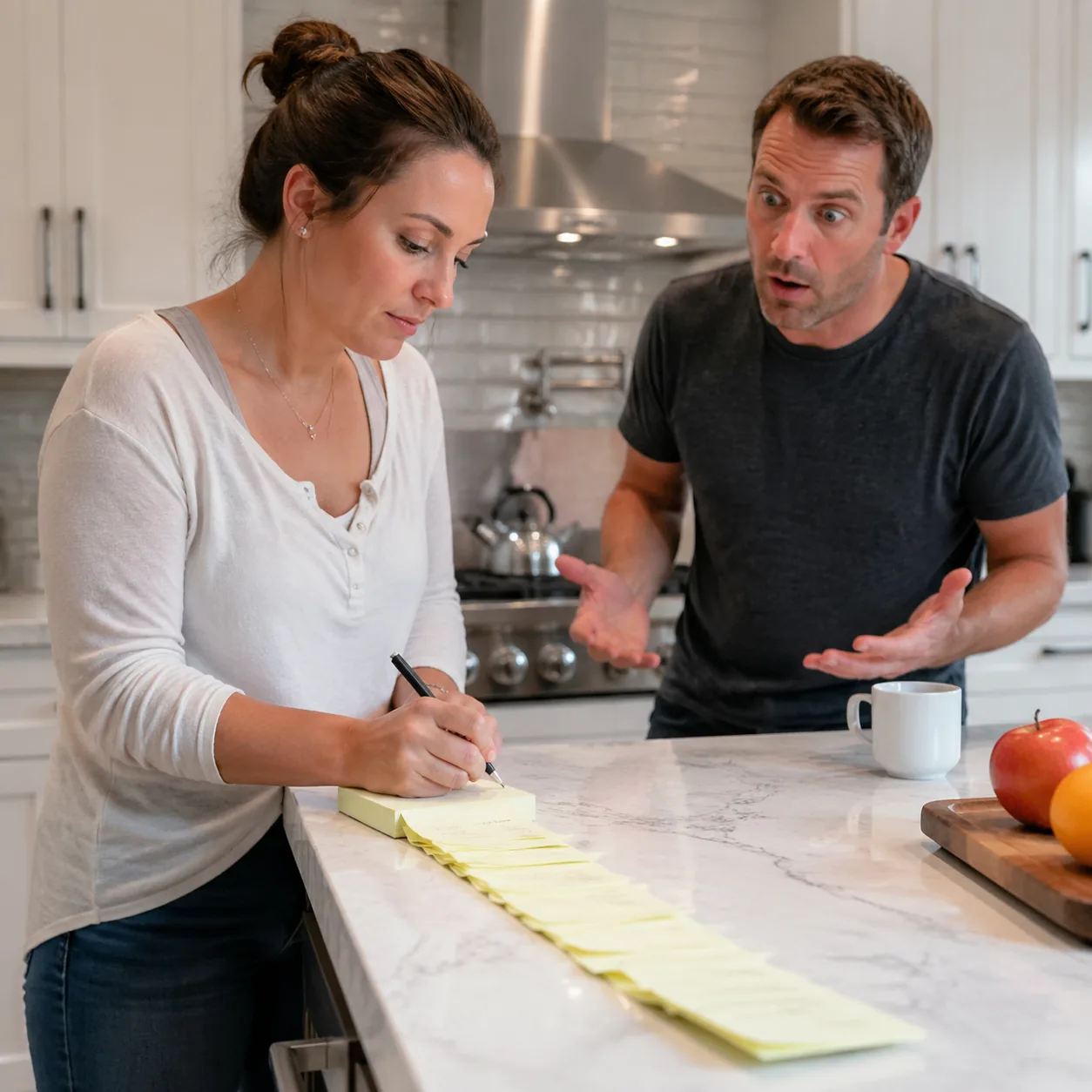 Realistic photo of a wife adding notes to a household to-do list on a kitchen counter while husband looks surprised at t