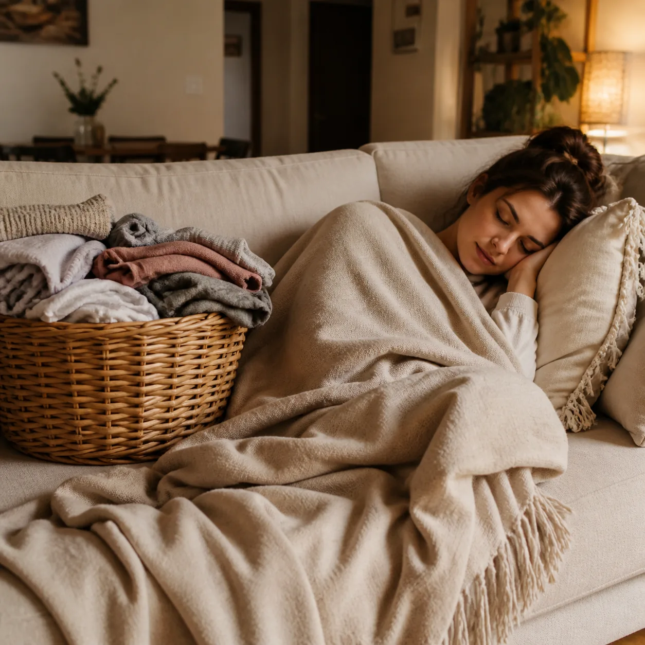 Warm lifestyle photo of a wife napping on the couch under a blanket while a basket of laundry sits beside her