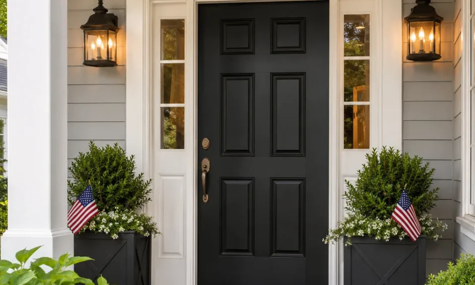 Realistic editorial photo of a black front door on an American home with trim, planters, hardware, and porch details showing warm bulbs instead of harsh blue li