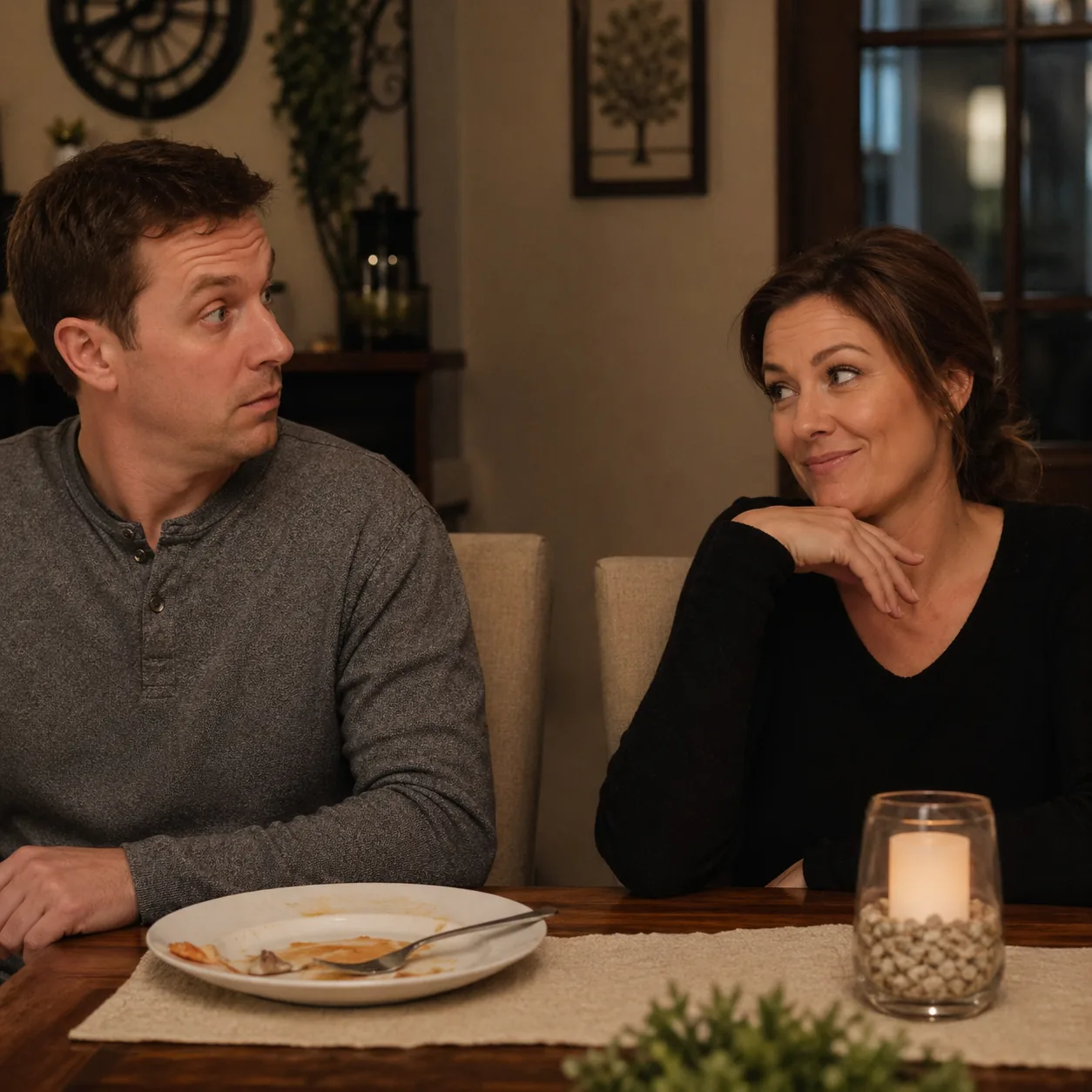 Realistic photo of a wife sitting across from husband with a playful confident expression, husband looking caught, cozy 