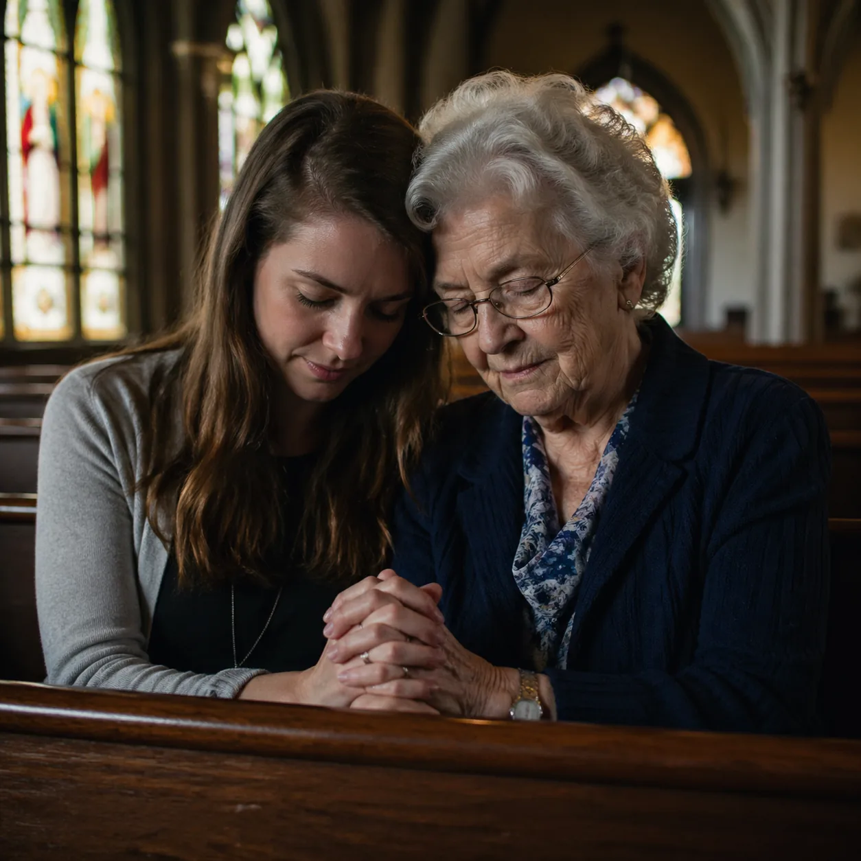 Sentimental editorial photo of an older grandmother and her young adult granddaughter sitting together in a small wooden