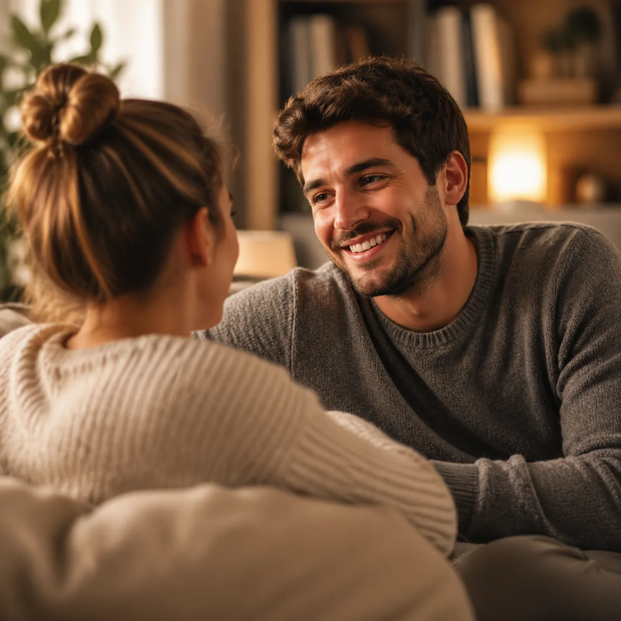 Tender realistic lifestyle photo of a husband smiling warmly at his wife in a cozy living room with a hopeful expression