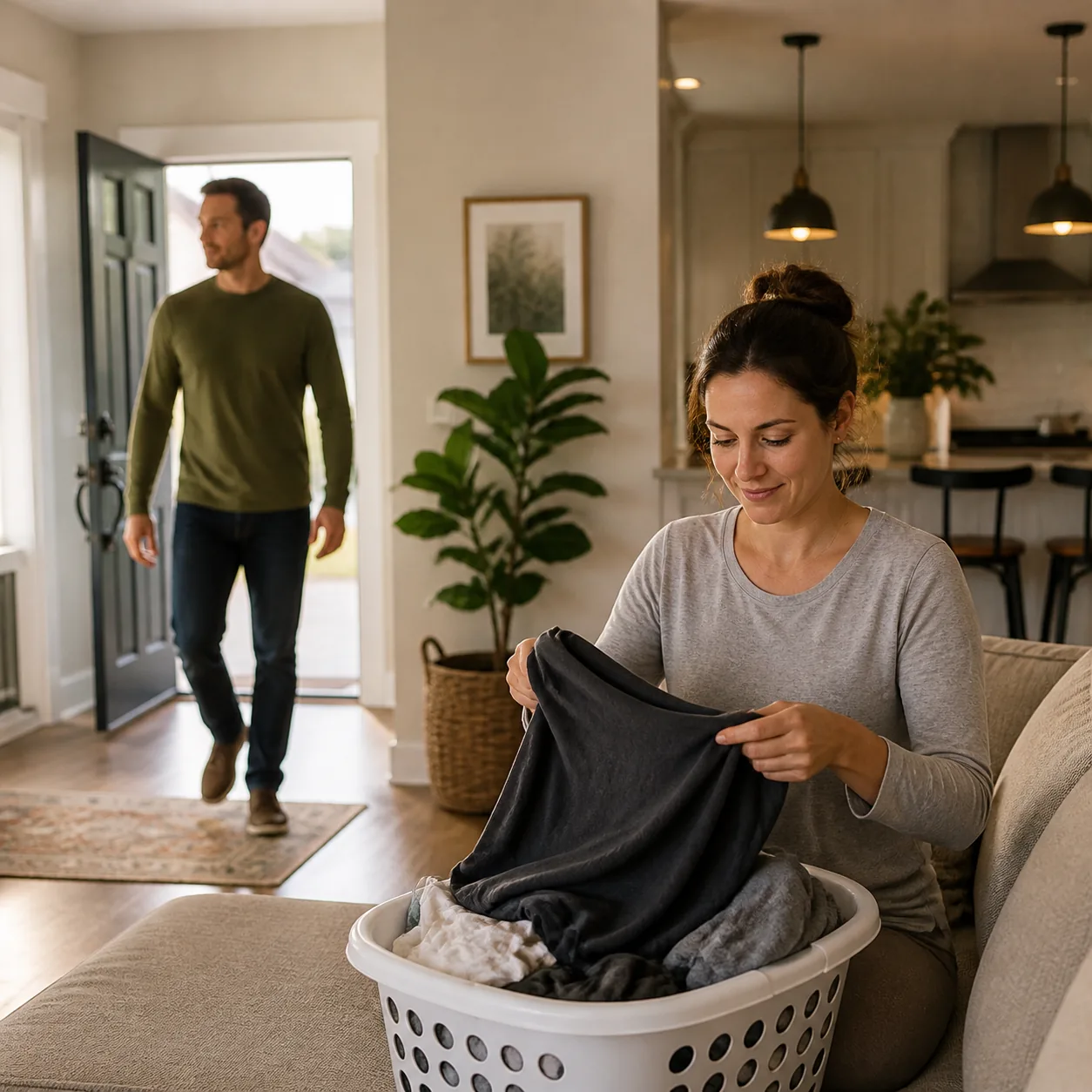 Tender realistic lifestyle photo of a husband walking into a tidy home looking around while his wife is folding the last