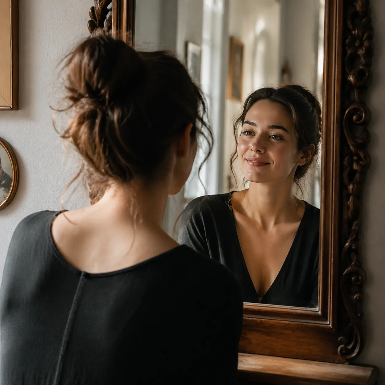 Tender editorial photo of a young woman smiling softly at her own reflection in a vintage hallway mirror, morning light 