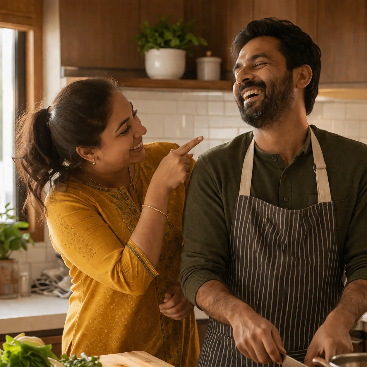 Warm realistic lifestyle photo of a happy married couple laughing together in a cozy home kitchen, wife playfully pointi