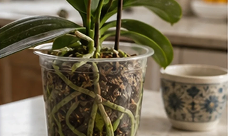Supermarket orchid in a clear pot with visible roots, scissors, and sticky notes