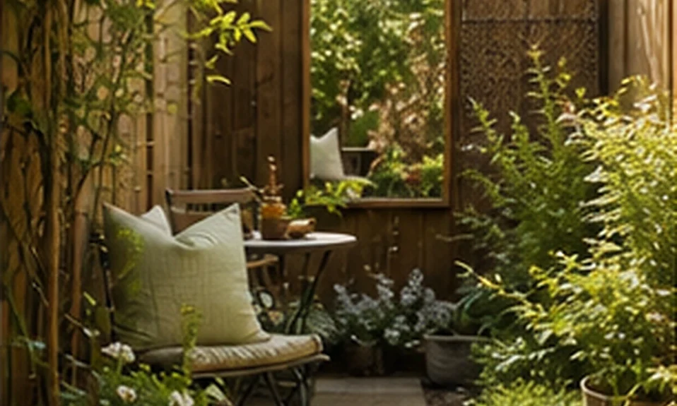 Tiny courtyard garden with mirror, seating, and layered greenery for privacy